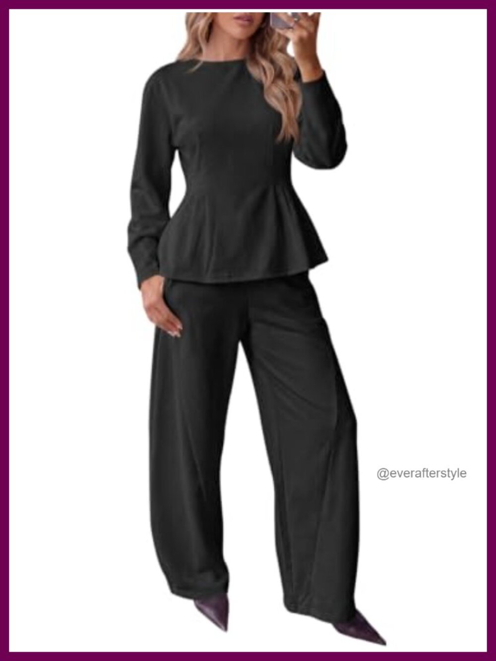 Women's 2 Piece Outfit Long Sleeve Peplum Top & Wide Leg Pants Set